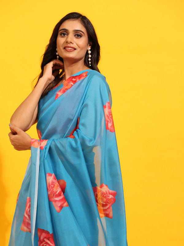 Blue Silk Blend Printed Floral Saree with Unstitched Blouse - Hiral Fashion | Grocsy