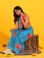 Blue Silk Blend Printed Floral Saree with Unstitched Blouse - Hiral Fashion | Grocsy