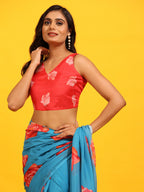 Blue Silk Blend Printed Floral Saree with Unstitched Blouse - Hiral Fashion | Grocsy