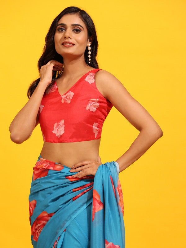 Blue Silk Blend Printed Floral Saree with Unstitched Blouse - Hiral Fashion | Grocsy