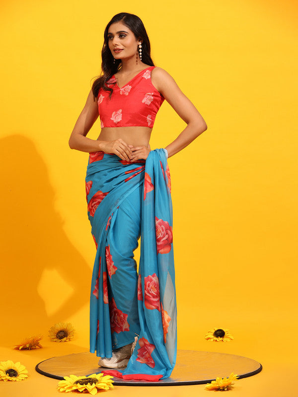 Blue Silk Blend Printed Floral Saree with Unstitched Blouse - Hiral Fashion | Grocsy