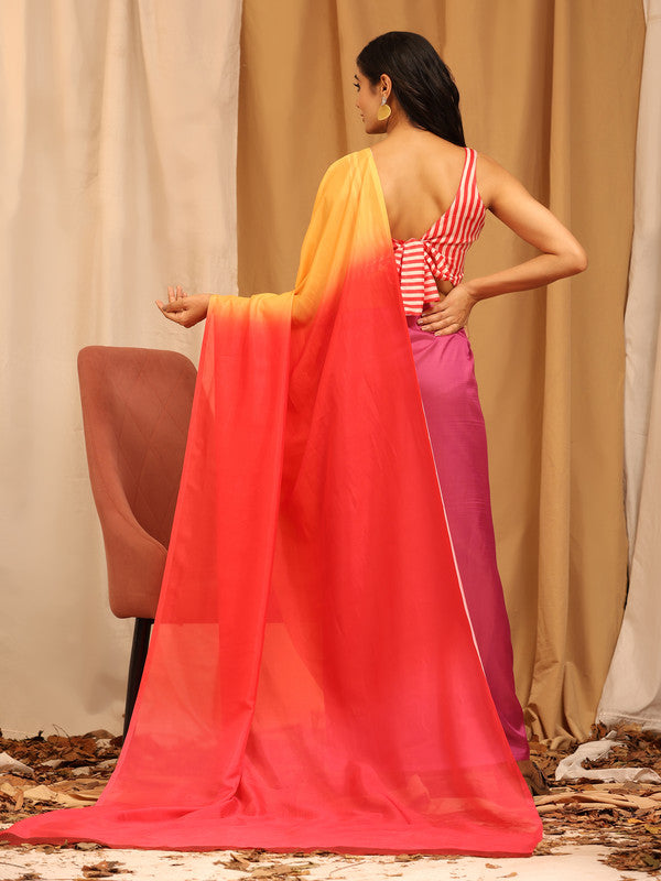 Multicolor Silk Blend Printed Solid Saree with Unstitched Blouse - Hiral Fashion | Grocsy