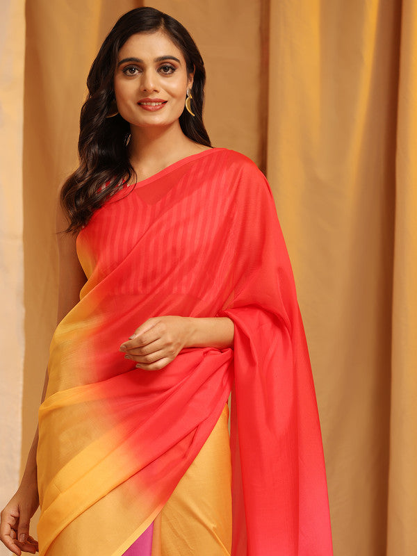 Multicolor Silk Blend Printed Solid Saree with Unstitched Blouse - Hiral Fashion | Grocsy