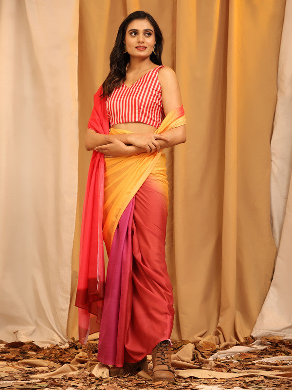 Multicolor Silk Blend Printed Solid Saree with Unstitched Blouse - Hiral Fashion | Grocsy