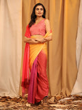 Multicolor Silk Blend Printed Solid Saree with Unstitched Blouse - Hiral Fashion | Grocsy