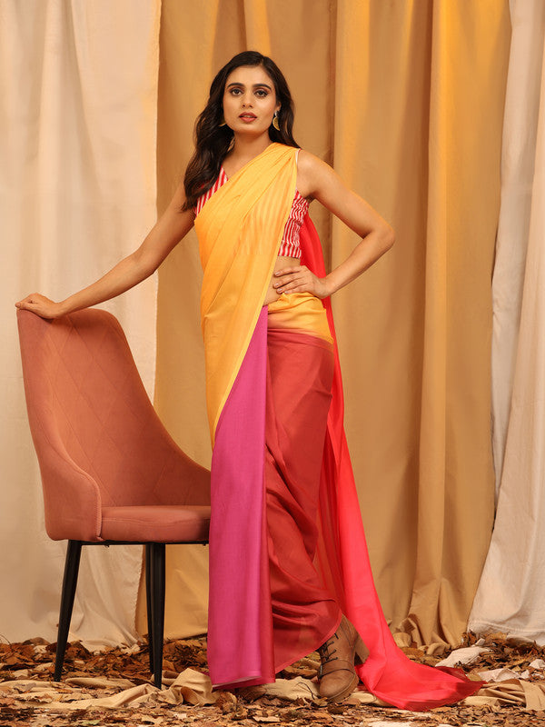 Multicolor Silk Blend Printed Solid Saree with Unstitched Blouse - Hiral Fashion | Grocsy