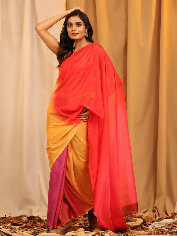 Multicolor Silk Blend Printed Solid Saree with Unstitched Blouse - Hiral Fashion | Grocsy