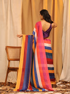 Multicolor Silk Blend Printed Striped Saree with Unstitched Blouse - Hiral Fashion | Grocsy