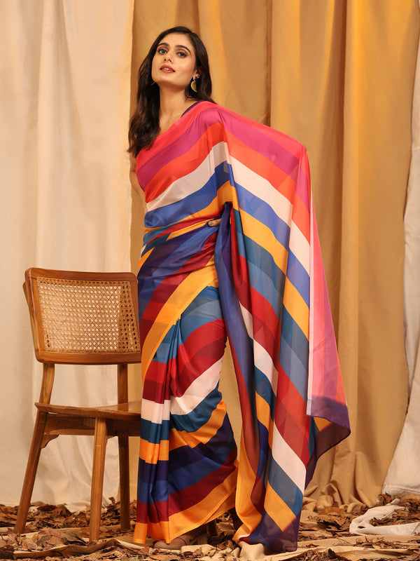 Multicolor Silk Blend Printed Striped Saree with Unstitched Blouse - Hiral Fashion | Grocsy