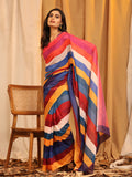 Multicolor Silk Blend Printed Striped Saree with Unstitched Blouse - Hiral Fashion | Grocsy