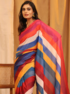 Multicolor Silk Blend Printed Striped Saree with Unstitched Blouse - Hiral Fashion | Grocsy