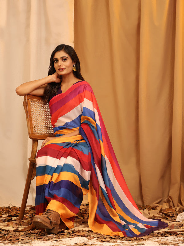Multicolor Silk Blend Printed Striped Saree with Unstitched Blouse - Hiral Fashion | Grocsy