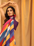 Multicolor Silk Blend Printed Striped Saree with Unstitched Blouse - Hiral Fashion | Grocsy