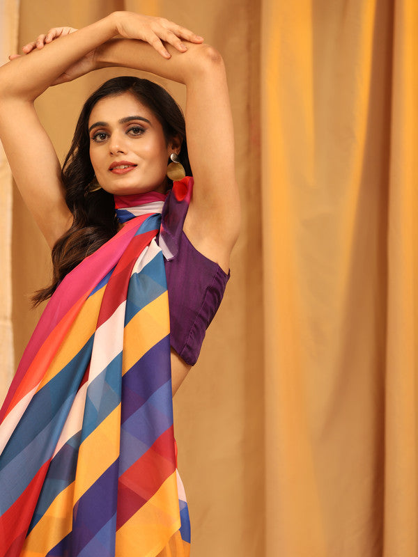 Multicolor Silk Blend Printed Striped Saree with Unstitched Blouse - Hiral Fashion | Grocsy