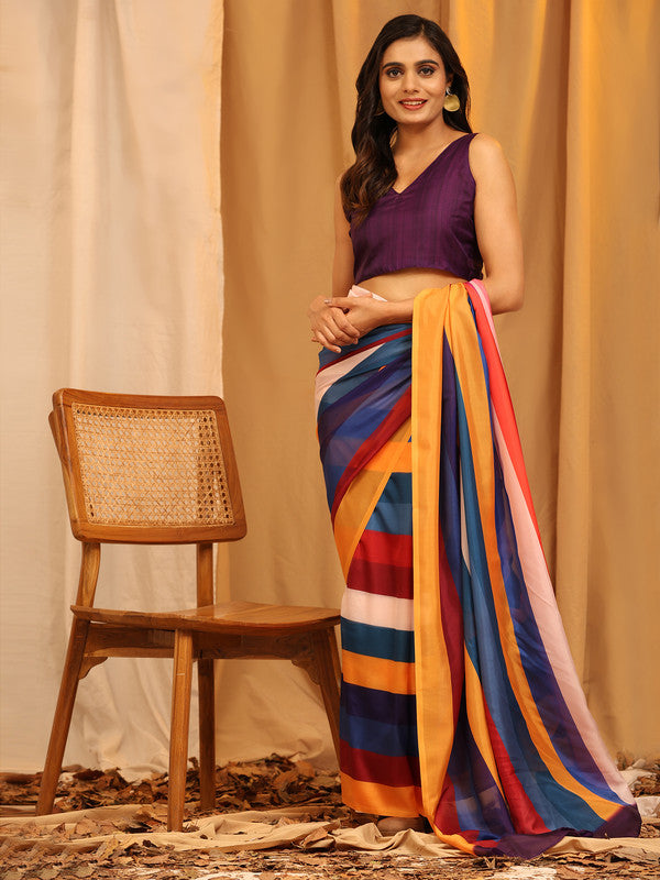 Multicolor Silk Blend Printed Striped Saree with Unstitched Blouse - Hiral Fashion | Grocsy