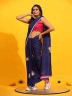 Navy Blue Silk Blend Printed Kalamkari Saree with Unstitched Blouse - Hiral Fashion | Grocsy