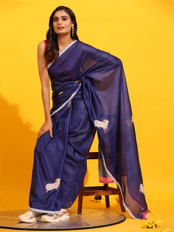 Navy Blue Silk Blend Printed Kalamkari Saree with Unstitched Blouse - Hiral Fashion | Grocsy