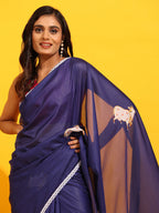 Navy Blue Silk Blend Printed Kalamkari Saree with Unstitched Blouse - Hiral Fashion | Grocsy