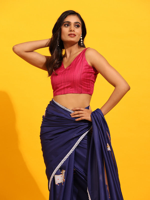 Navy Blue Silk Blend Printed Kalamkari Saree with Unstitched Blouse - Hiral Fashion | Grocsy