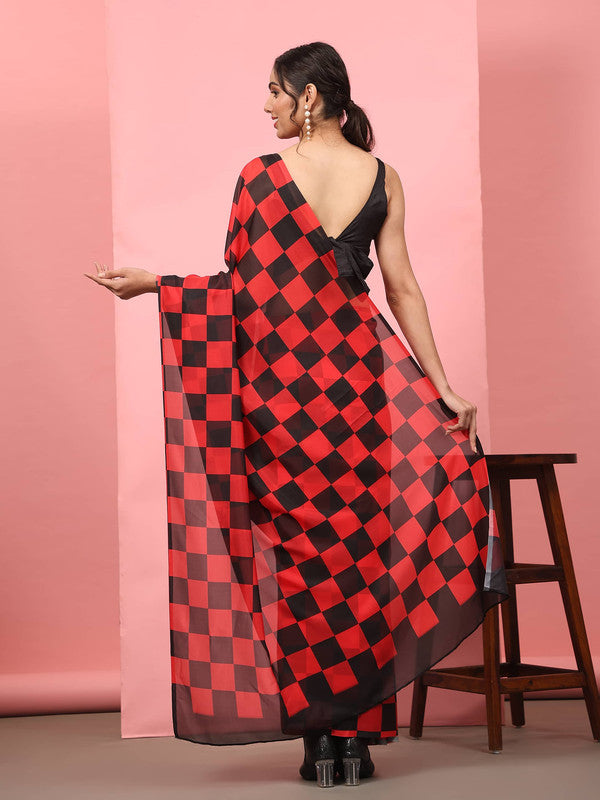 Red Silk Blend Printed Striped Saree with Unstitched Blouse - Hiral Fashion | Grocsy
