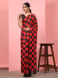 Red Silk Blend Printed Striped Saree with Unstitched Blouse - Hiral Fashion | Grocsy
