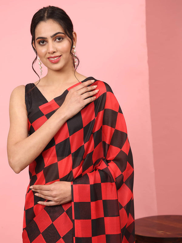 Red Silk Blend Printed Striped Saree with Unstitched Blouse - Hiral Fashion | Grocsy