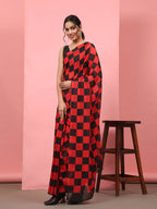 Red Silk Blend Printed Striped Saree with Unstitched Blouse - Hiral Fashion | Grocsy