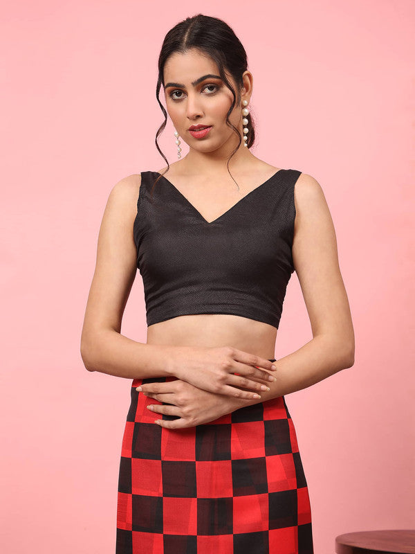 Red Silk Blend Printed Striped Saree with Unstitched Blouse - Hiral Fashion | Grocsy