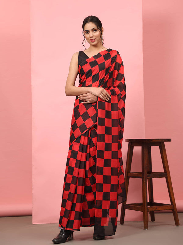 Red Silk Blend Printed Striped Saree with Unstitched Blouse - Hiral Fashion | Grocsy
