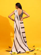White Silk Blend Printed Striped Saree with Unstitched Blouse - Hiral Fashion | Grocsy