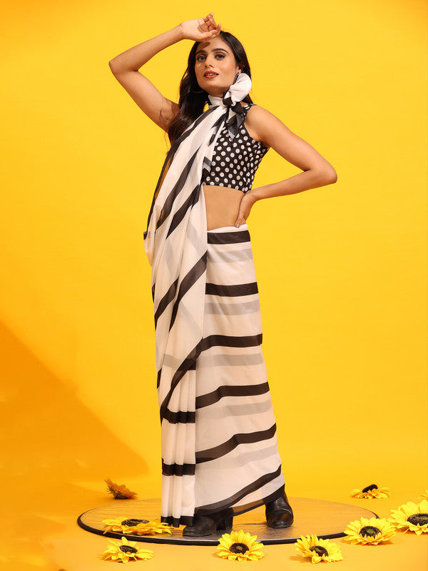 White Silk Blend Printed Striped Saree with Unstitched Blouse - Hiral Fashion | Grocsy