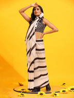 White Silk Blend Printed Striped Saree with Unstitched Blouse - Hiral Fashion | Grocsy