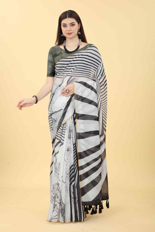 Black Cotton Blend Printed Striped Saree with Unstitched Blouse - Hiral Fashion | Grocsy