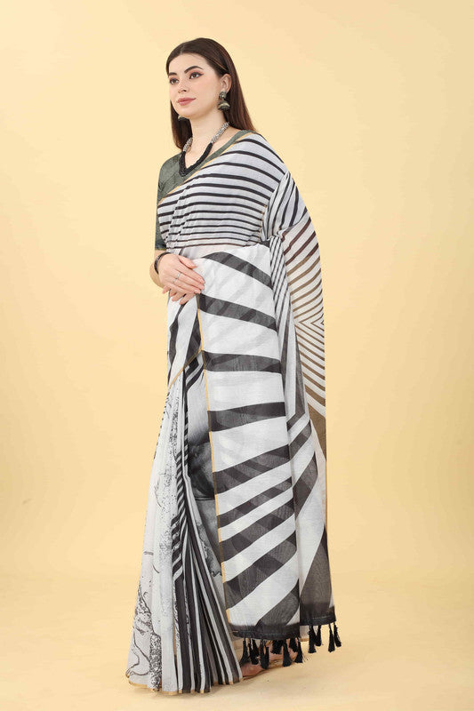 Black Cotton Blend Printed Striped Saree with Unstitched Blouse - Hiral Fashion | Grocsy