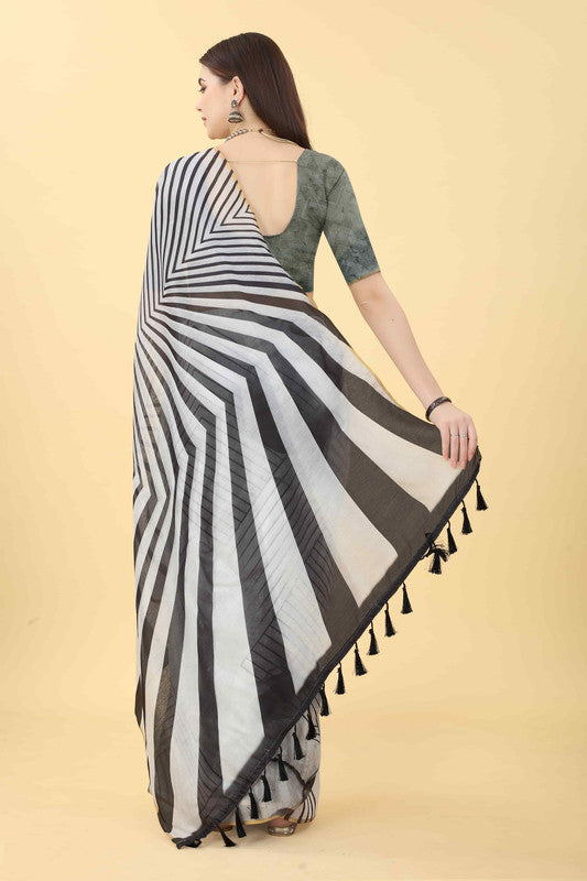 Black Cotton Blend Printed Striped Saree with Unstitched Blouse - Hiral Fashion | Grocsy