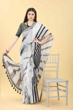 Black Cotton Blend Printed Striped Saree with Unstitched Blouse - Hiral Fashion | Grocsy