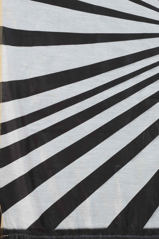 Black Cotton Blend Printed Striped Saree with Unstitched Blouse - Hiral Fashion | Grocsy