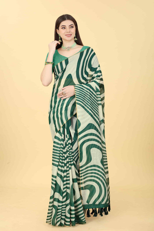 Green Cotton Blend Printed Striped Saree with Unstitched Blouse - Hiral Fashion | Grocsy