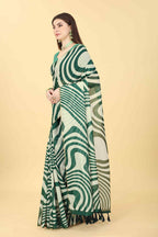 Green Cotton Blend Printed Striped Saree with Unstitched Blouse - Hiral Fashion | Grocsy