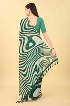 Green Cotton Blend Printed Striped Saree with Unstitched Blouse - Hiral Fashion | Grocsy