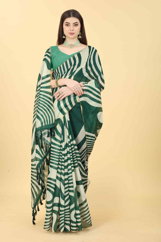 Green Cotton Blend Printed Striped Saree with Unstitched Blouse - Hiral Fashion | Grocsy