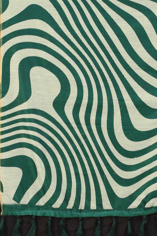 Green Cotton Blend Printed Striped Saree with Unstitched Blouse - Hiral Fashion | Grocsy