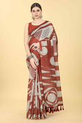 Maroon Cotton Blend Printed Geomatric Saree with Unstitched Blouse - Hiral Fashion | Grocsy