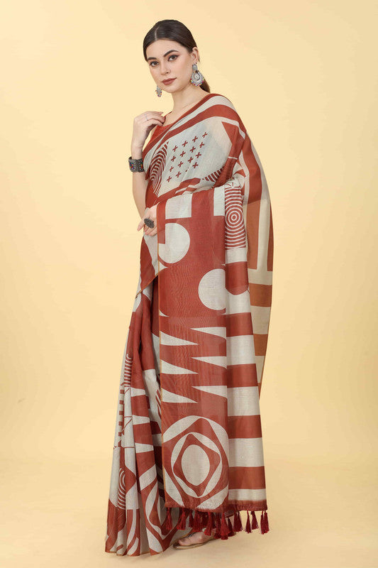 Maroon Cotton Blend Printed Geomatric Saree with Unstitched Blouse - Hiral Fashion | Grocsy