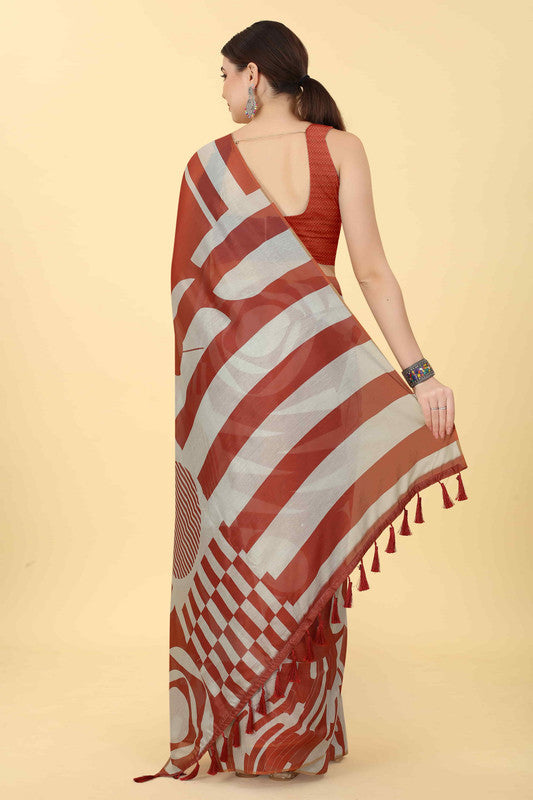 Maroon Cotton Blend Printed Geomatric Saree with Unstitched Blouse - Hiral Fashion | Grocsy