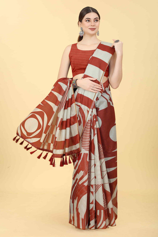 Maroon Cotton Blend Printed Geomatric Saree with Unstitched Blouse - Hiral Fashion | Grocsy