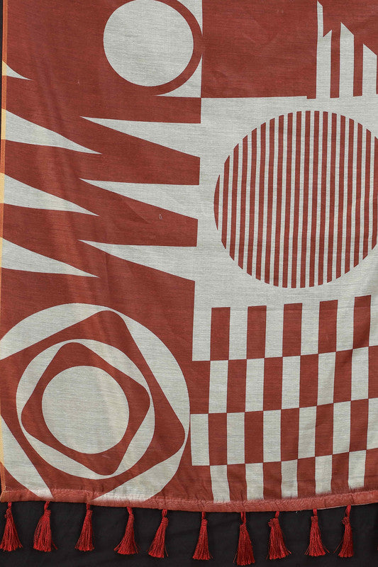 Maroon Cotton Blend Printed Geomatric Saree with Unstitched Blouse - Hiral Fashion | Grocsy