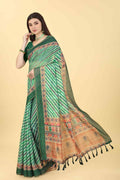 Multicolor Cotton Blend Printed Striped Saree with Unstitched Blouse - Hiral Fashion | Grocsy