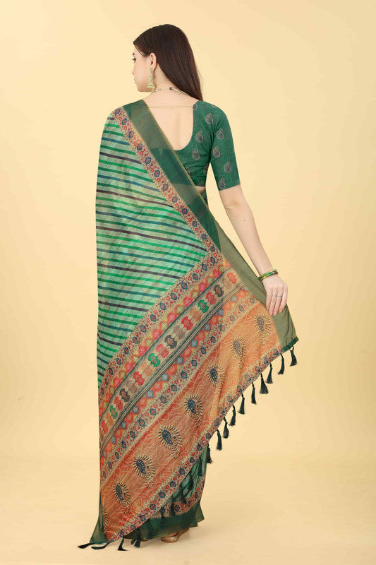 Multicolor Cotton Blend Printed Striped Saree with Unstitched Blouse - Hiral Fashion | Grocsy