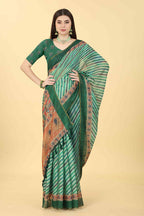 Multicolor Cotton Blend Printed Striped Saree with Unstitched Blouse - Hiral Fashion | Grocsy